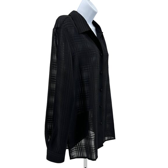 Liz Baker Sheer Shirt WMNS 14 Black Textured Grid Long Sleeve Button Up Bouse - Picture 3 of 10
